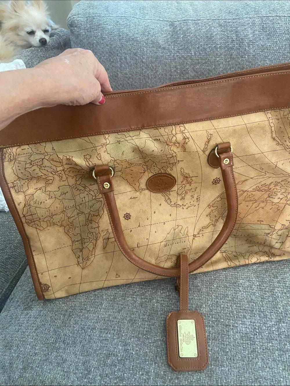 Columbus Collection Map-Print Tote Bag with Brown Leather Trim